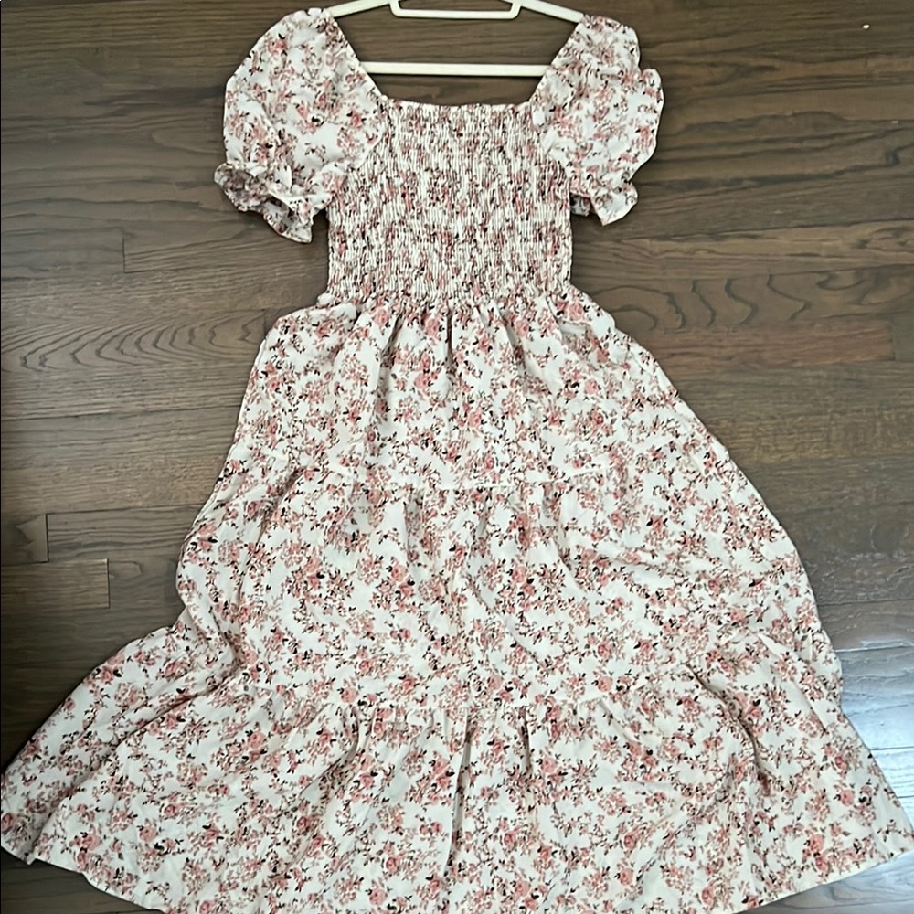 Floral Pink Dress with Smocked Top